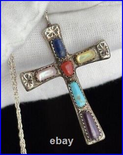 Native American Zuni Multi Gemstone Cross Pendant Necklace Sign Wilbur Iule VTG