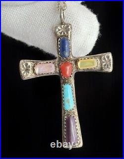 Native American Zuni Multi Gemstone Cross Pendant Necklace Sign Wilbur Iule VTG