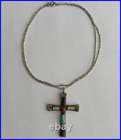 Native American Zuni Multi Gemstone Cross Pendant Necklace Sign Wilbur Iule VTG