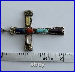 Native American Zuni Multi Gemstone Cross Pendant Necklace Sign Wilbur Iule VTG