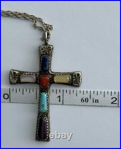 Native American Zuni Multi Gemstone Cross Pendant Necklace Sign Wilbur Iule VTG