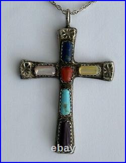Native American Zuni Multi Gemstone Cross Pendant Necklace Sign Wilbur Iule VTG