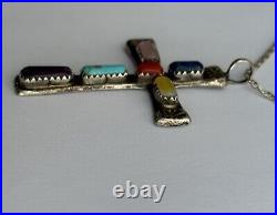 Native American Zuni Multi Gemstone Cross Pendant Necklace Sign Wilbur Iule VTG