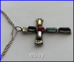 Native American Zuni Multi Gemstone Cross Pendant Necklace Sign Wilbur Iule VTG