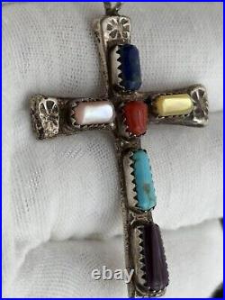 Native American Zuni Multi Gemstone Cross Pendant Necklace Sign Wilbur Iule VTG