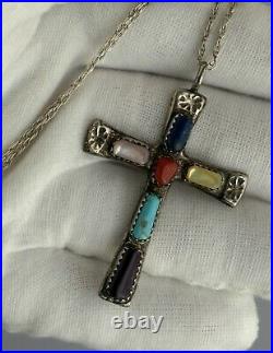 Native American Zuni Multi Gemstone Cross Pendant Necklace Sign Wilbur Iule VTG