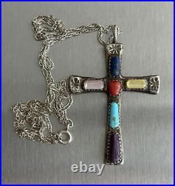 Native American Zuni Multi Gemstone Cross Pendant Necklace Sign Wilbur Iule VTG