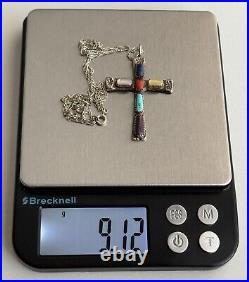 Native American Zuni Multi Gemstone Cross Pendant Necklace Sign Wilbur Iule VTG