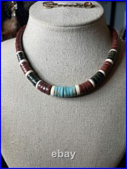 Native American vintage sterling heishi turquoise pipestone beaded necklace