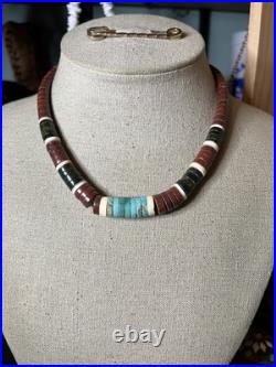 Native American vintage sterling heishi turquoise pipestone beaded necklace