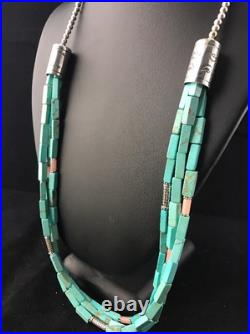 Navajo 3S Stabilized Blue Turquoise Pink Opal Bead Sterling Silver Necklace1201