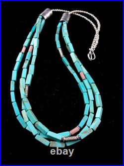 Navajo 3S Stabilized Blue Turquoise Pink Opal Bead Sterling Silver Necklace1201