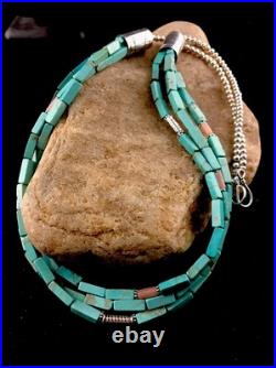 Navajo 3S Stabilized Blue Turquoise Pink Opal Bead Sterling Silver Necklace1201