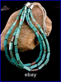 Navajo 3S Stabilized Blue Turquoise Pink Opal Bead Sterling Silver Necklace1201