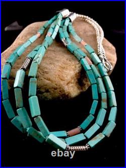 Navajo 3S Stabilized Blue Turquoise Pink Opal Bead Sterling Silver Necklace1201