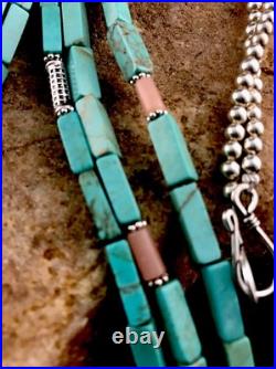 Navajo 3S Stabilized Blue Turquoise Pink Opal Bead Sterling Silver Necklace1201
