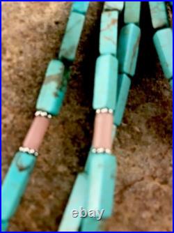 Navajo 3S Stabilized Blue Turquoise Pink Opal Bead Sterling Silver Necklace1201