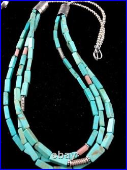 Navajo 3S Stabilized Blue Turquoise Pink Opal Bead Sterling Silver Necklace1201
