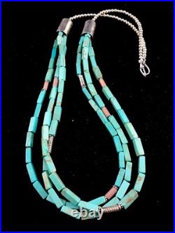Navajo 3S Stabilized Blue Turquoise Pink Opal Bead Sterling Silver Necklace1201