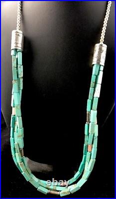 Navajo 3S Stabilized Blue Turquoise Pink Opal Bead Sterling Silver Necklace1201