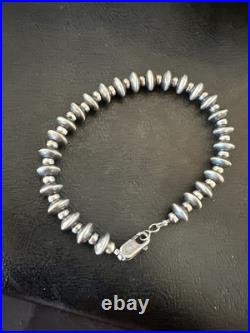 Navajo 8mm Flat 4mm Round Beads 7.5 Sterling Silver Bracelet 18988