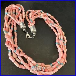 Navajo Blue Turquoise Pink Coral Sterling Silver 5 Strand Necklace 20 17840