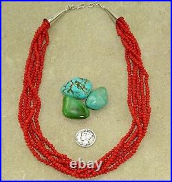 Navajo CORAL Necklace STERLING SILVER Vintage Multi 5 STRAND Beaded 18.75 M. G