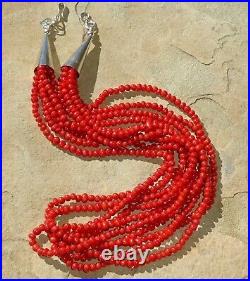 Navajo CORAL Necklace STERLING SILVER Vintage Multi 5 STRAND Beaded 18.75 M. G