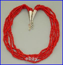 Navajo CORAL Necklace STERLING SILVER Vintage Multi 5 STRAND Beaded 18.75 M. G