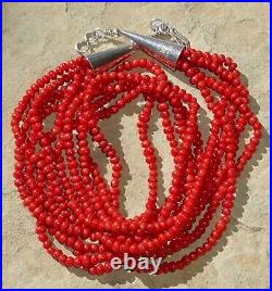 Navajo CORAL Necklace STERLING SILVER Vintage Multi 5 STRAND Beaded 18.75 M. G