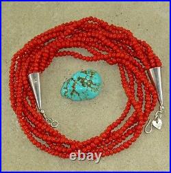 Navajo CORAL Necklace STERLING SILVER Vintage Multi 5 STRAND Beaded 18.75 M. G