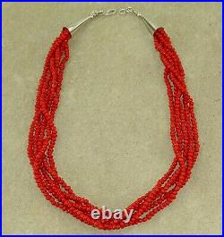 Navajo CORAL Necklace STERLING SILVER Vintage Multi 5 STRAND Beaded 18.75 M. G