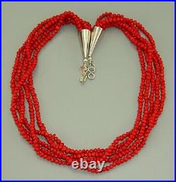 Navajo CORAL Necklace STERLING SILVER Vintage Multi 5 STRAND Beaded 18.75 M. G