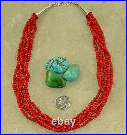 Navajo CORAL Necklace STERLING SILVER Vintage Multi 5 STRAND Beaded 18.75 M. G