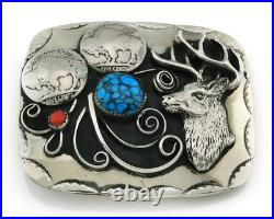 Navajo Dear Head Belt Buckle. 999 Nickel Vintage Turquoise & Coral