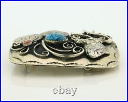 Navajo Dear Head Belt Buckle. 999 Nickel Vintage Turquoise & Coral