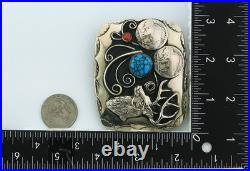 Navajo Dear Head Belt Buckle. 999 Nickel Vintage Turquoise & Coral