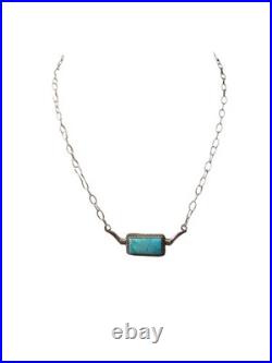 Navajo Handmade Sterling Silver Kingman Turquoise Bar Necklace With Horns 18 In