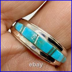 Navajo Inlay Turquoise Men's Ring Band Sz 9 Sterling Signed W M Wedding 5.2g