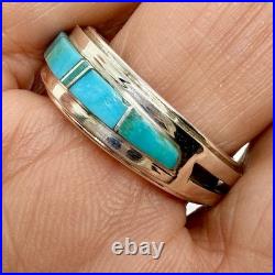 Navajo Inlay Turquoise Men's Ring Band Sz 9 Sterling Signed W M Wedding 5.2g