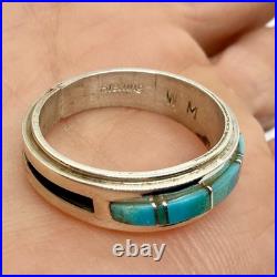 Navajo Inlay Turquoise Men's Ring Band Sz 9 Sterling Signed W M Wedding 5.2g