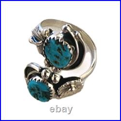 Navajo John Delvin Signed Vintage Sterling Silver Kingman Turquoise Wrap RIng, 8 Navajo John Delvin Signed Vintage Sterling Silver Kingman Turquoise Wrap RIng, 8