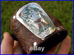 Navajo Ketoh Alligator and Bison leather bracelet Peyote Vtg Sterling Silver