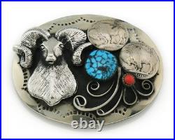 Navajo Ram Head Belt Buckle. 999 Nickel Vintage Turquoise & Coral
