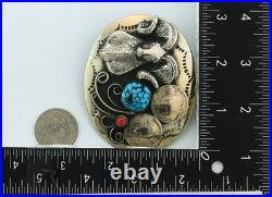 Navajo Ram Head Belt Buckle. 999 Nickel Vintage Turquoise & Coral