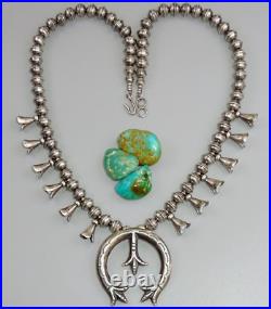 Navajo SQUASH BLOSSOM NECKLACE NAJA PENDANT Bench STERLING Ox. Old Vintage 20