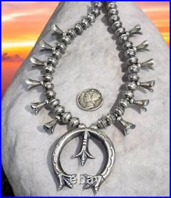 Navajo SQUASH BLOSSOM NECKLACE NAJA PENDANT Bench STERLING Ox. Old Vintage 20