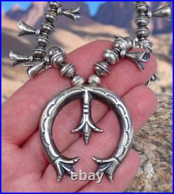 Navajo SQUASH BLOSSOM NECKLACE NAJA PENDANT Bench STERLING Ox. Old Vintage 20