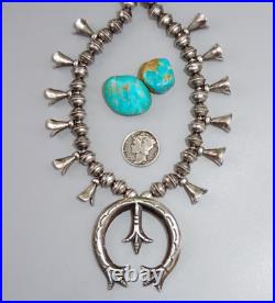 Navajo SQUASH BLOSSOM NECKLACE NAJA PENDANT Bench STERLING Ox. Old Vintage 20