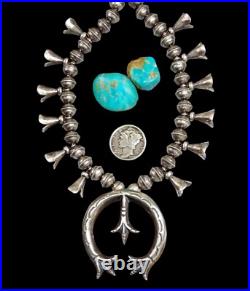 Navajo SQUASH BLOSSOM NECKLACE NAJA PENDANT Bench STERLING Ox. Old Vintage 20